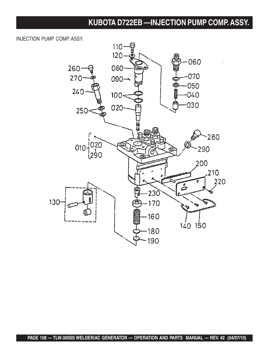 Kubota d722eb —injection pump comp. assy | Multiquip MQ Power Whisperweld Welder/AC Generator TLW-300SS User Manual | Page 108 / 138