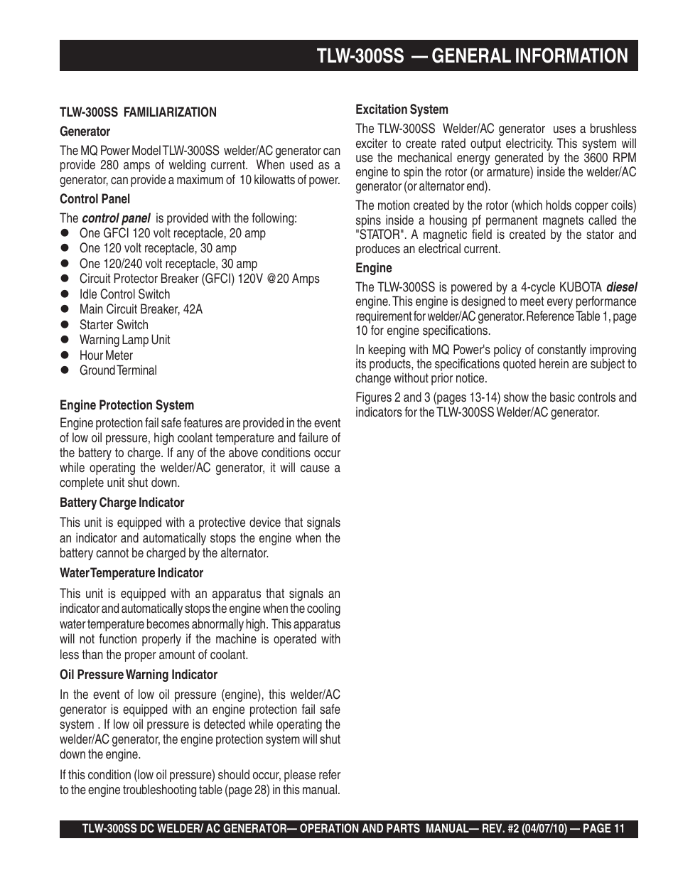 Tlw-300ss — general information | Multiquip MQ Power Whisperweld Welder/AC Generator TLW-300SS User Manual | Page 11 / 138