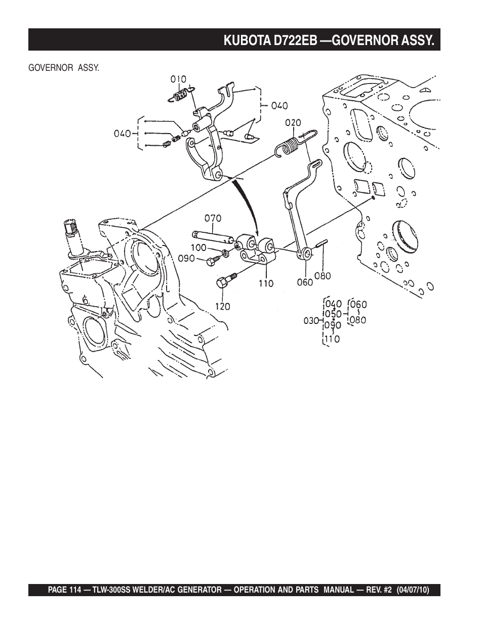 Kubota d722eb —governor assy | Multiquip MQ Power Whisperweld Welder/AC Generator TLW-300SS User Manual | Page 114 / 138