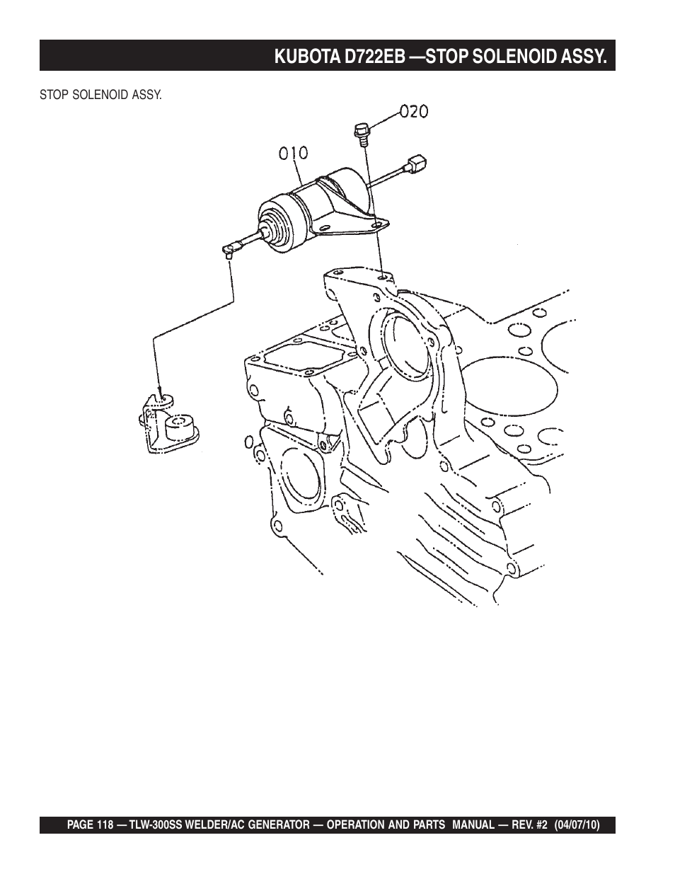 Kubota d722eb —stop solenoid assy | Multiquip MQ Power Whisperweld Welder/AC Generator TLW-300SS User Manual | Page 118 / 138