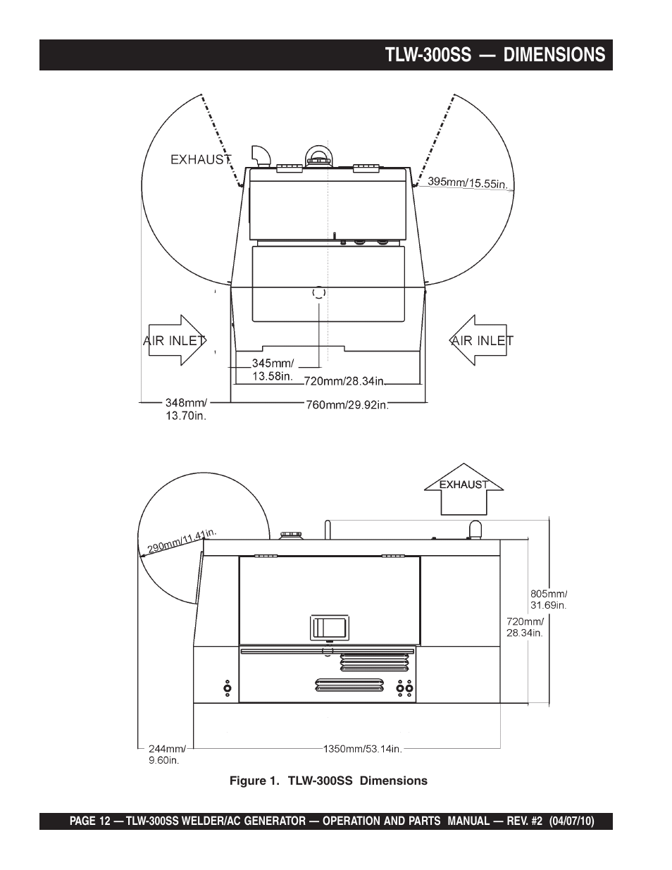 Tlw-300ss — dimensions | Multiquip MQ Power Whisperweld Welder/AC Generator TLW-300SS User Manual | Page 12 / 138