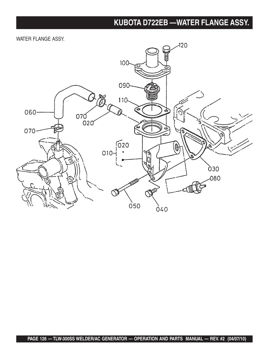 Kubota d722eb —water flange assy | Multiquip MQ Power Whisperweld Welder/AC Generator TLW-300SS User Manual | Page 126 / 138