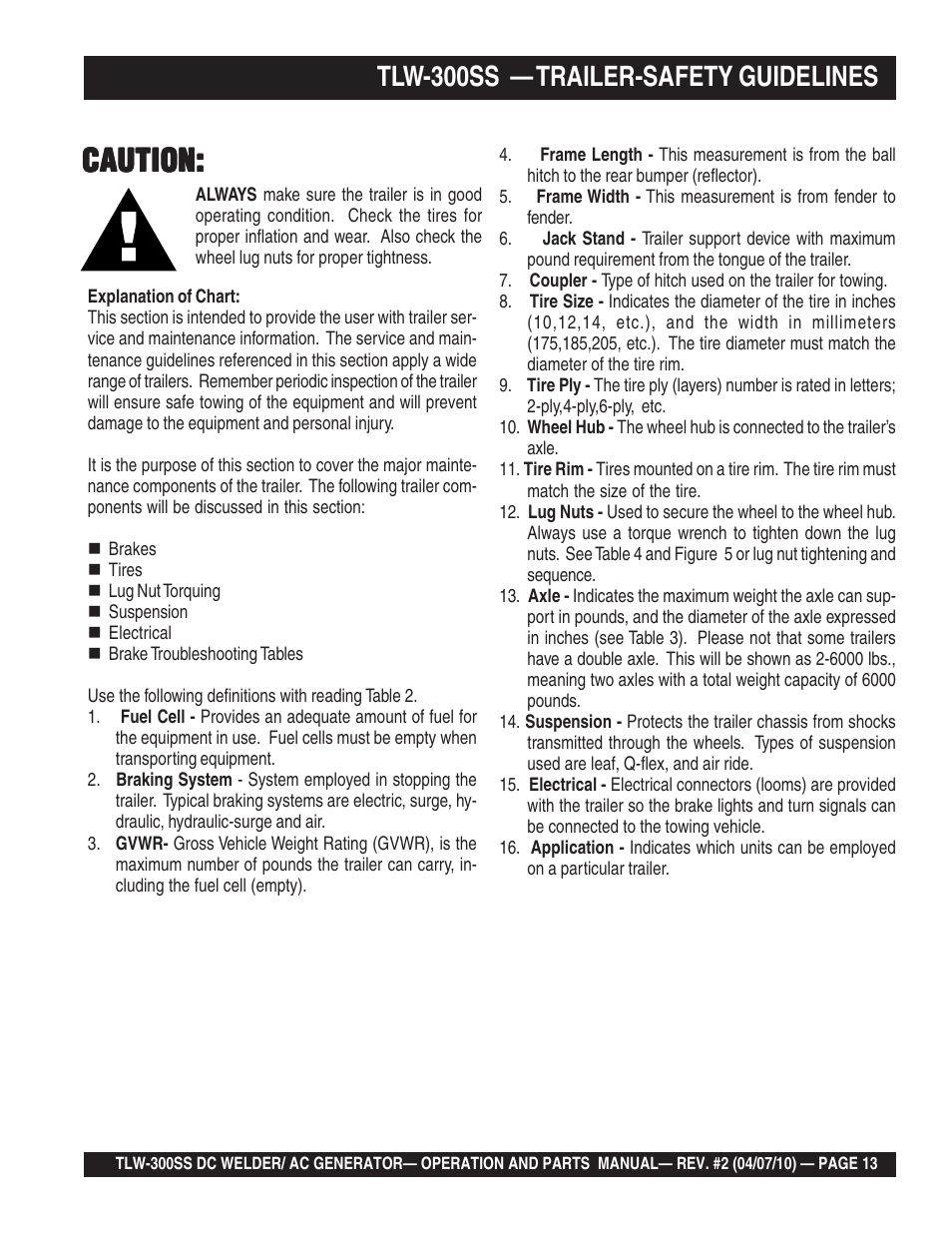 Caution, Tlw-300ss — trailer-safety guidelines | Multiquip MQ Power Whisperweld Welder/AC Generator TLW-300SS User Manual | Page 13 / 138