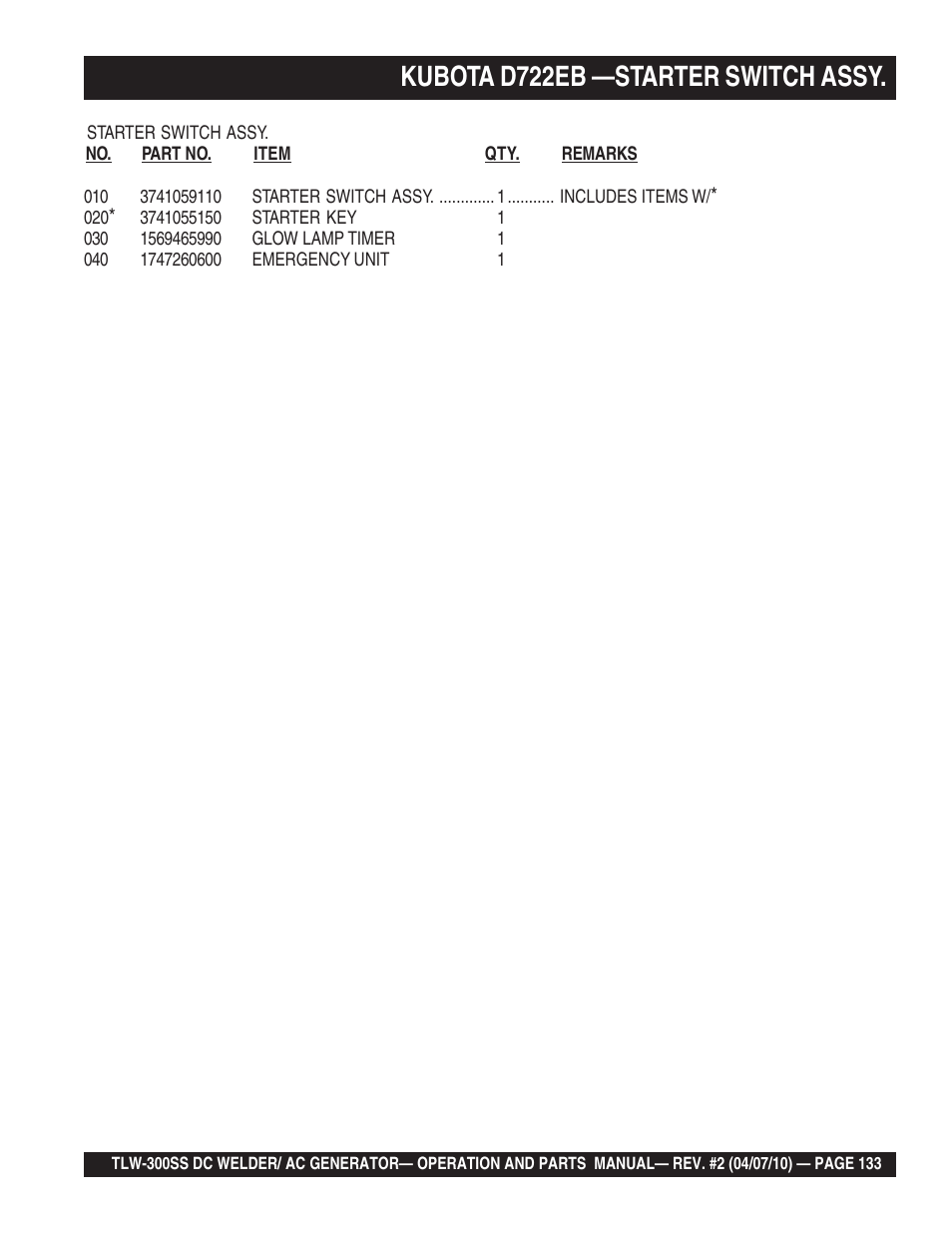 Kubota d722eb —starter switch assy | Multiquip MQ Power Whisperweld Welder/AC Generator TLW-300SS User Manual | Page 133 / 138