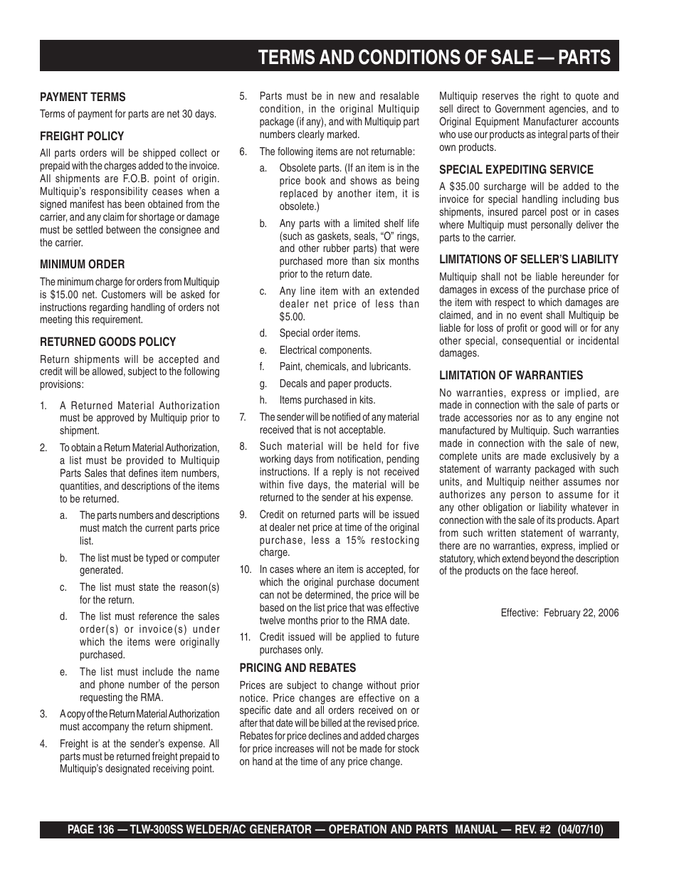 Terms and conditions of sale — parts | Multiquip MQ Power Whisperweld Welder/AC Generator TLW-300SS User Manual | Page 136 / 138
