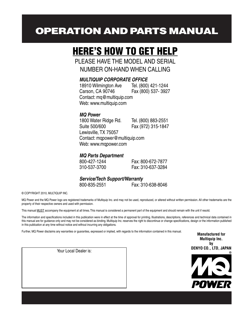 Here’s how to get help | Multiquip MQ Power Whisperweld Welder/AC Generator TLW-300SS User Manual | Page 138 / 138