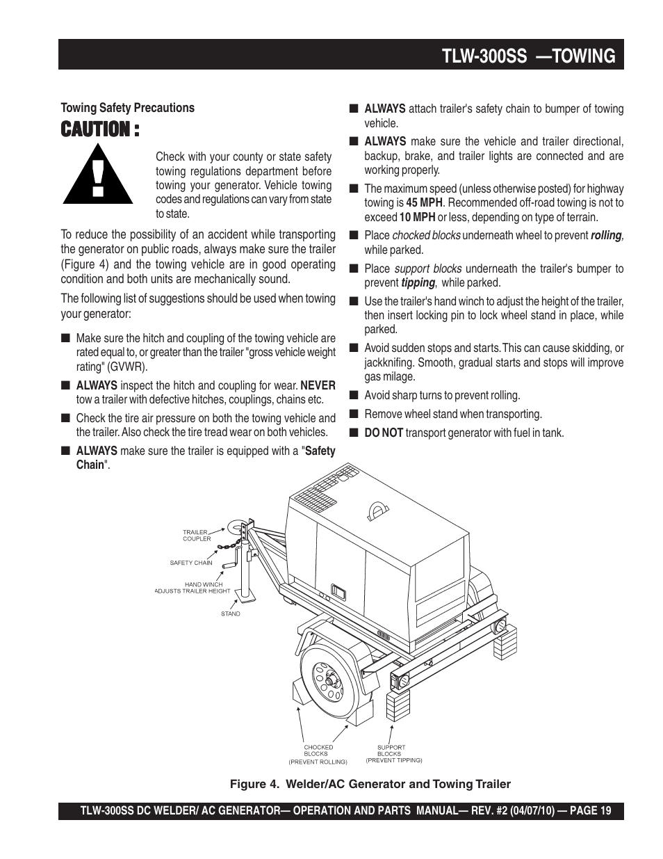 Tlw-300ss —towing, Caution | Multiquip MQ Power Whisperweld Welder/AC Generator TLW-300SS User Manual | Page 19 / 138