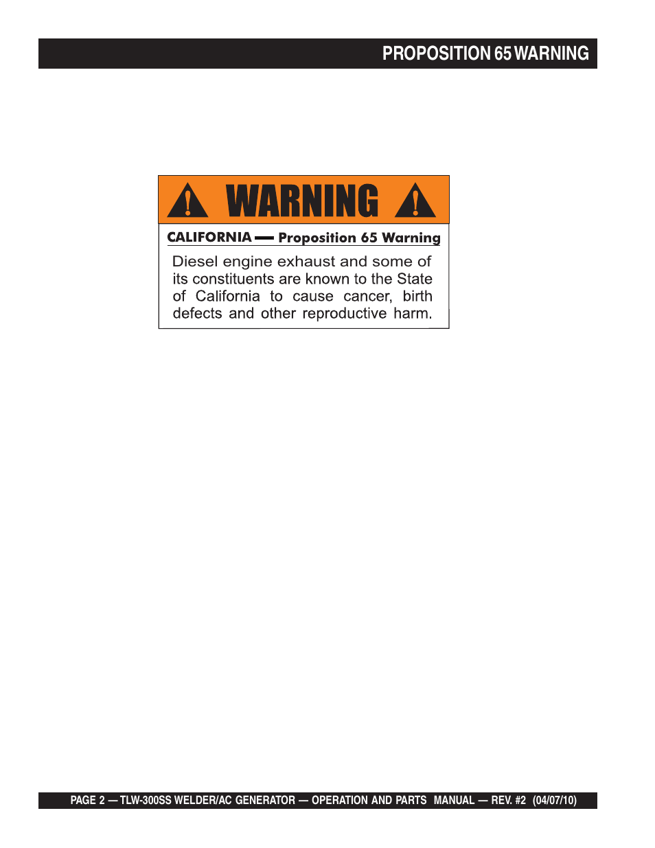 Proposition 65 warning | Multiquip MQ Power Whisperweld Welder/AC Generator TLW-300SS User Manual | Page 2 / 138