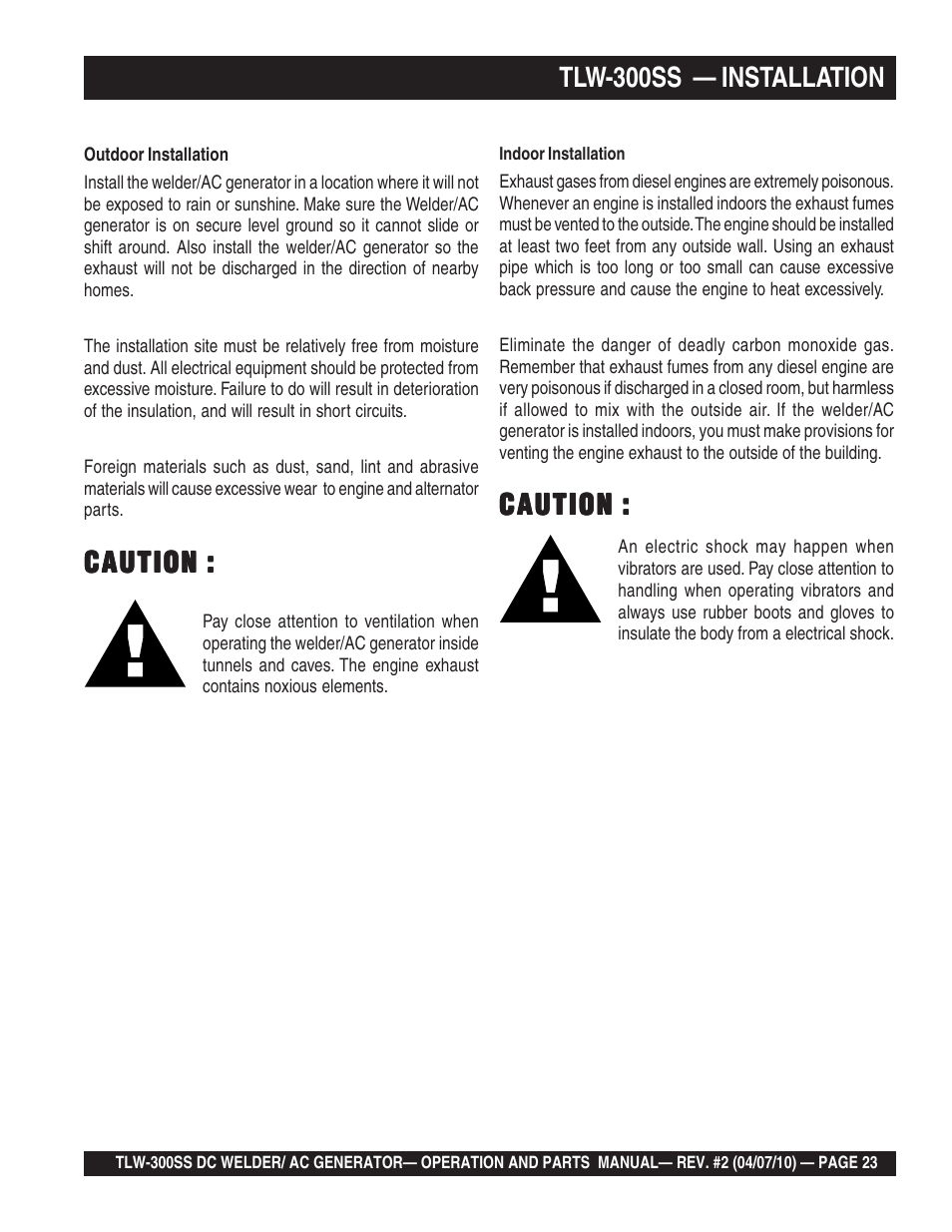 Tlw-300ss — installation, Caution | Multiquip MQ Power Whisperweld Welder/AC Generator TLW-300SS User Manual | Page 23 / 138
