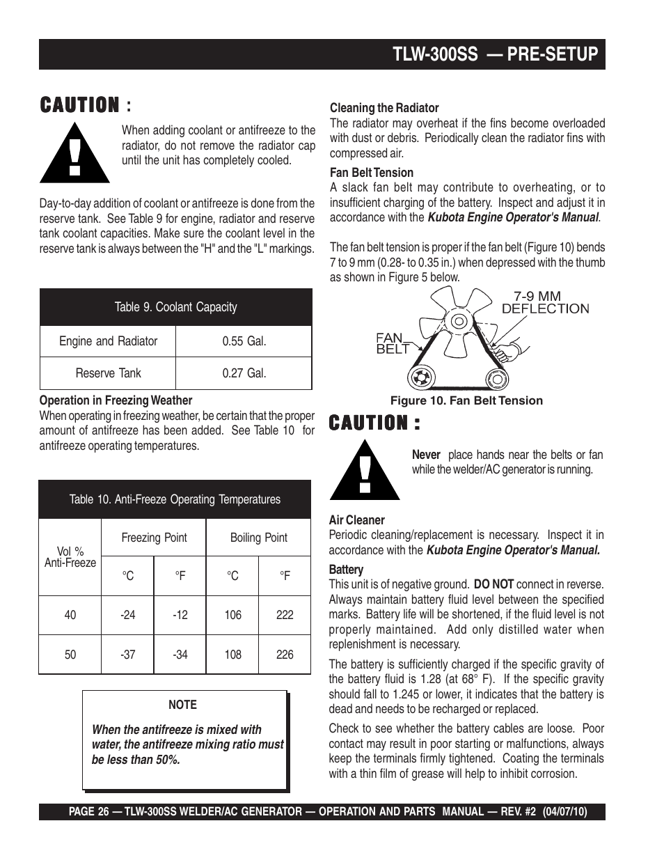 Tlw-300ss — pre-setup, Caution, Caution caution | Multiquip MQ Power Whisperweld Welder/AC Generator TLW-300SS User Manual | Page 26 / 138