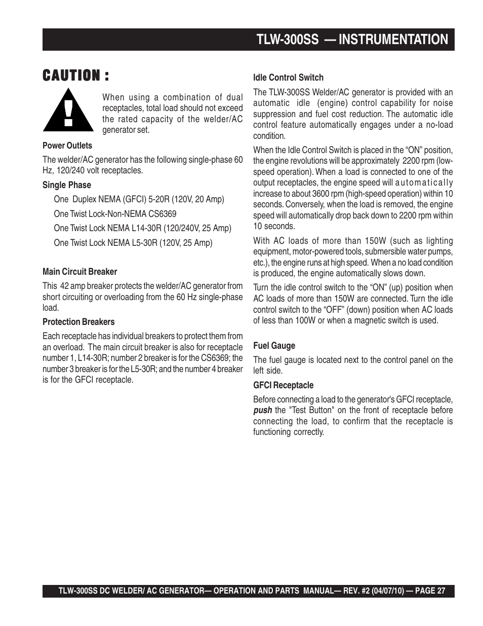 Tlw-300ss — instrumentation, Caution | Multiquip MQ Power Whisperweld Welder/AC Generator TLW-300SS User Manual | Page 27 / 138
