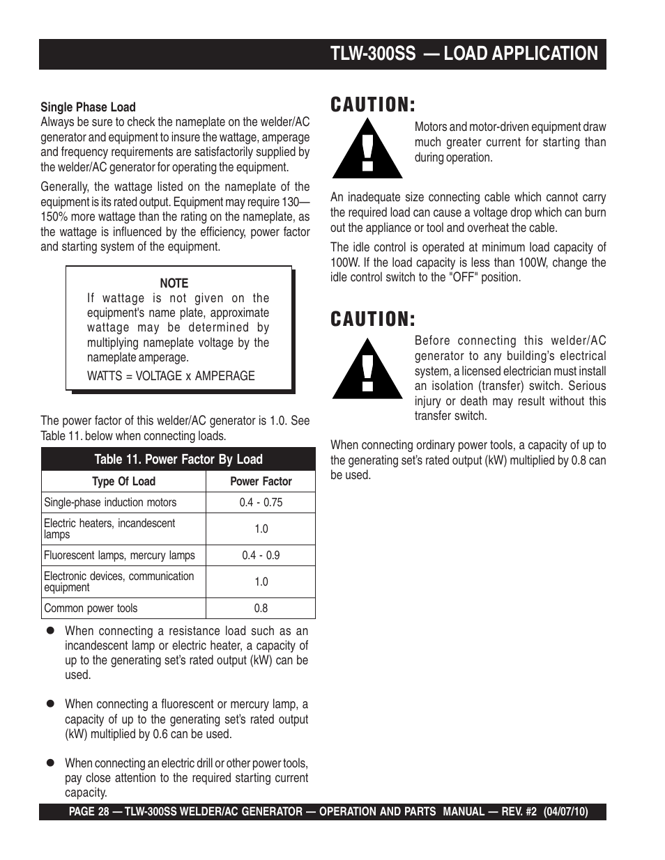 Tlw-300ss — load application, Caution | Multiquip MQ Power Whisperweld Welder/AC Generator TLW-300SS User Manual | Page 28 / 138