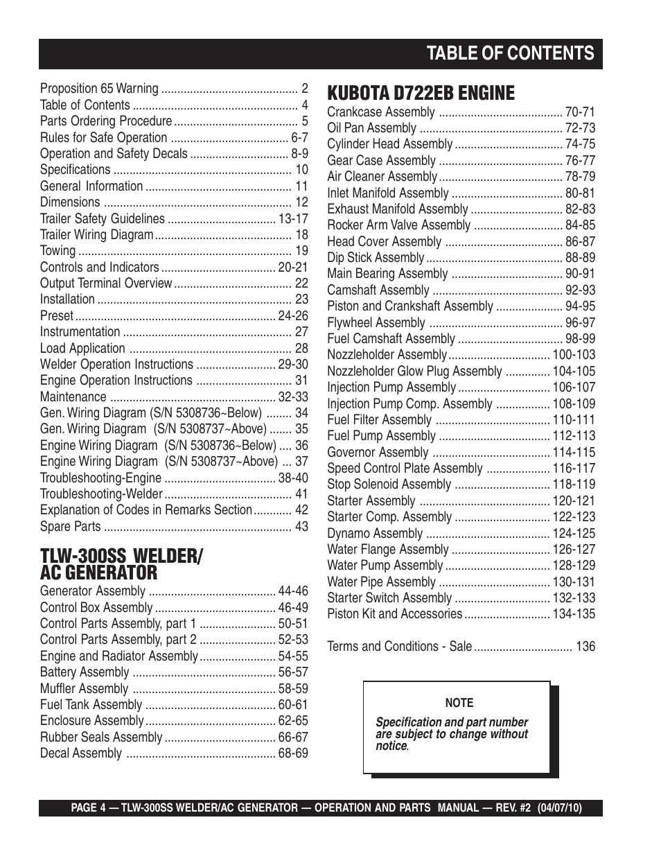 Multiquip MQ Power Whisperweld Welder/AC Generator TLW-300SS User Manual | Page 4 / 138