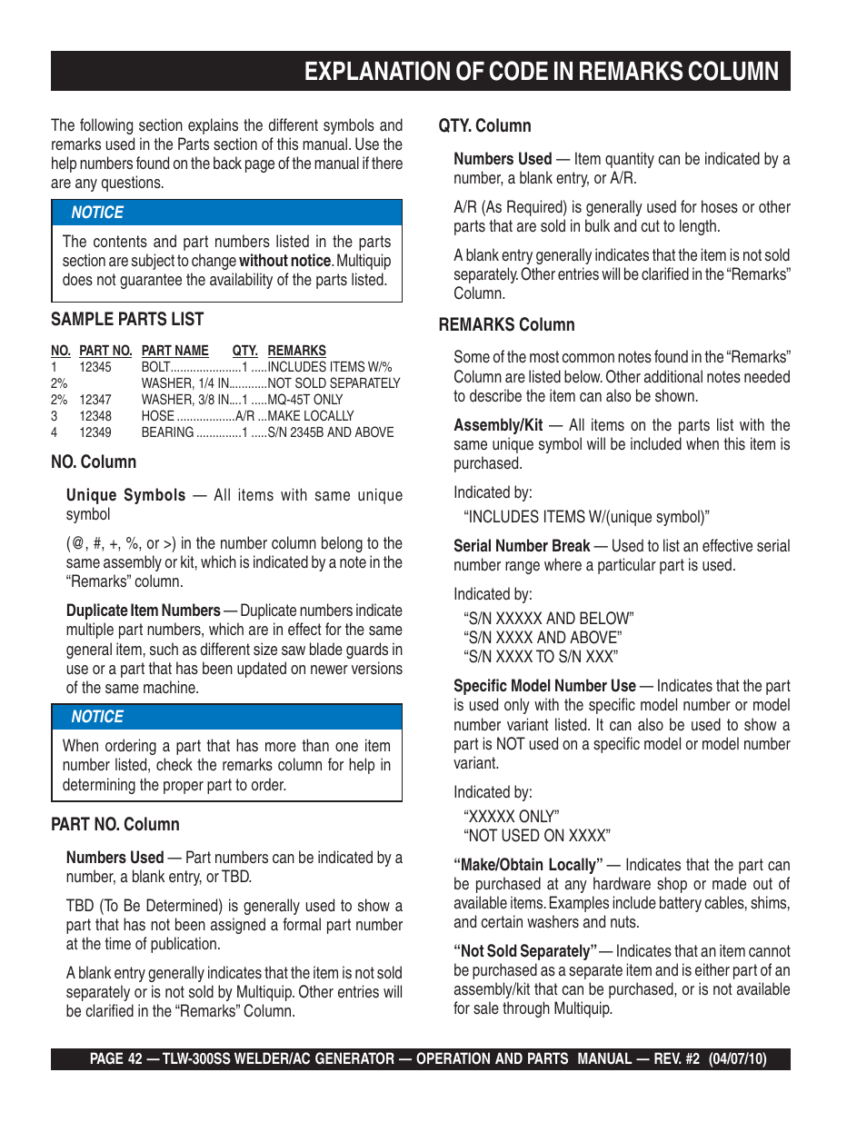 Explanation of code in remarks column | Multiquip MQ Power Whisperweld Welder/AC Generator TLW-300SS User Manual | Page 42 / 138