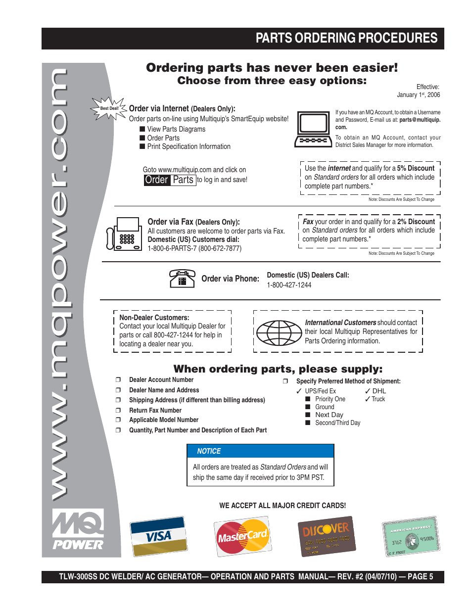 Parts ordering procedures, Ordering parts has never been easier | Multiquip MQ Power Whisperweld Welder/AC Generator TLW-300SS User Manual | Page 5 / 138