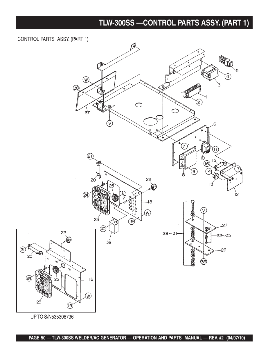 Tlw-300ss —control parts assy. (part 1) | Multiquip MQ Power Whisperweld Welder/AC Generator TLW-300SS User Manual | Page 50 / 138