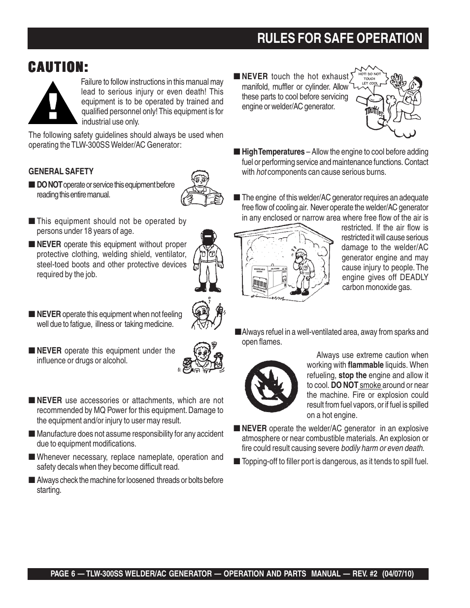 Rules for safe operation, Caution | Multiquip MQ Power Whisperweld Welder/AC Generator TLW-300SS User Manual | Page 6 / 138