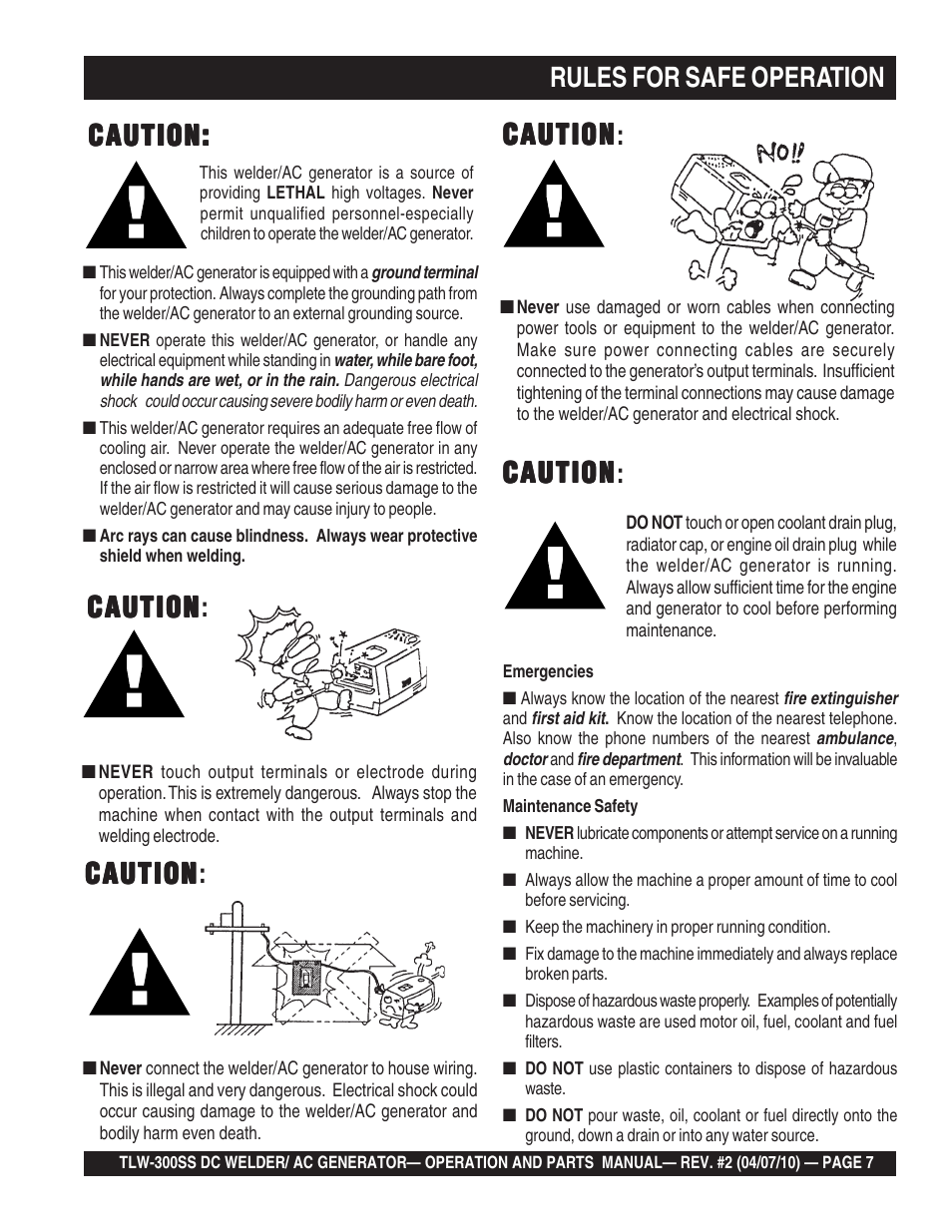 Rules for safe operation, Caution, Caution caution | Multiquip MQ Power Whisperweld Welder/AC Generator TLW-300SS User Manual | Page 7 / 138