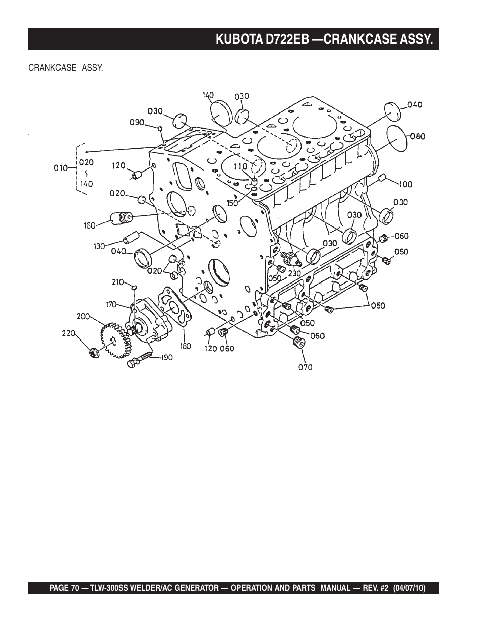 Kubota d722eb —crankcase assy | Multiquip MQ Power Whisperweld Welder/AC Generator TLW-300SS User Manual | Page 70 / 138