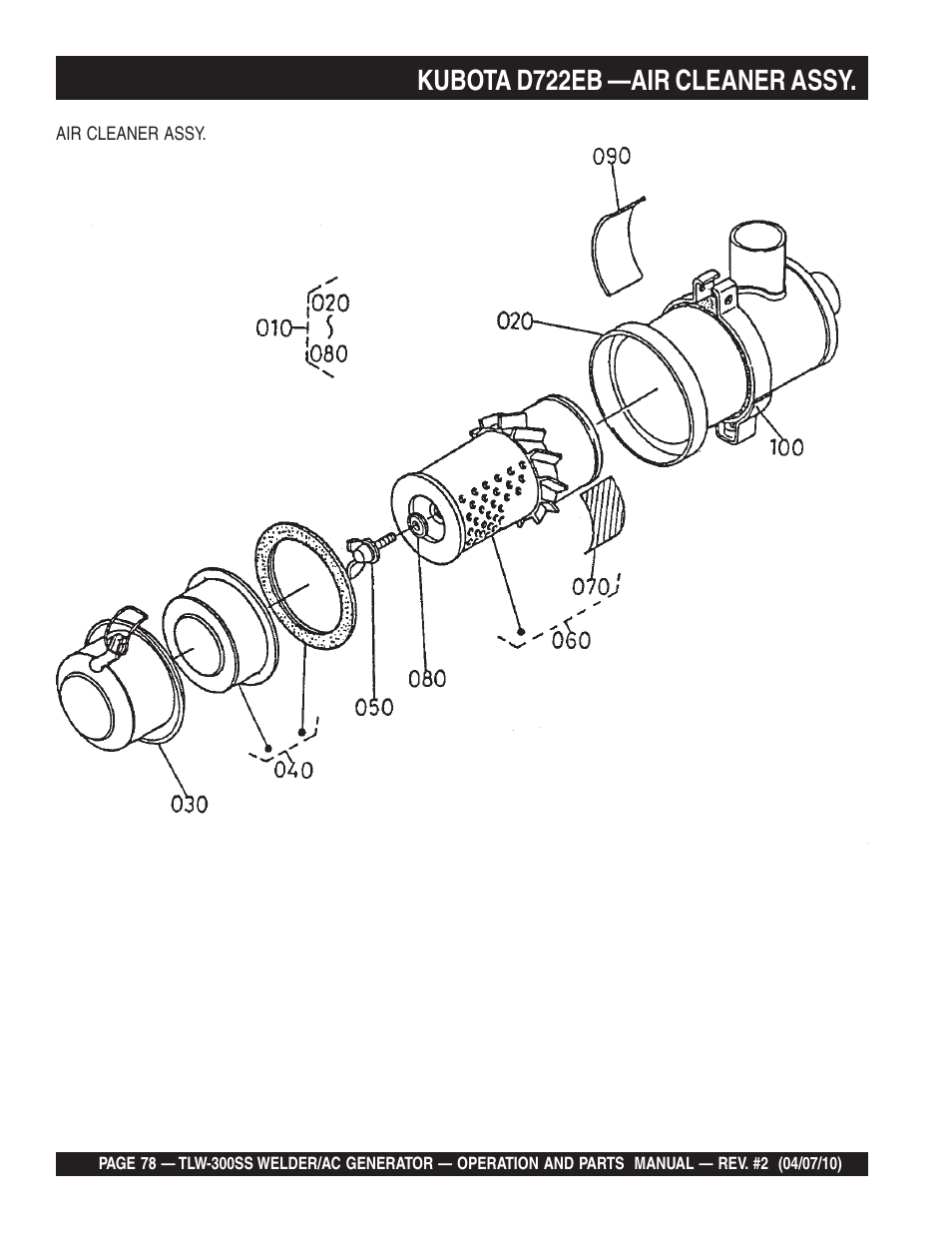 Kubota d722eb —air cleaner assy | Multiquip MQ Power Whisperweld Welder/AC Generator TLW-300SS User Manual | Page 78 / 138