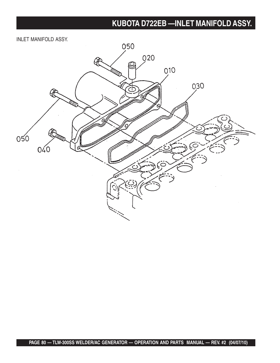Kubota d722eb —inlet manifold assy | Multiquip MQ Power Whisperweld Welder/AC Generator TLW-300SS User Manual | Page 80 / 138