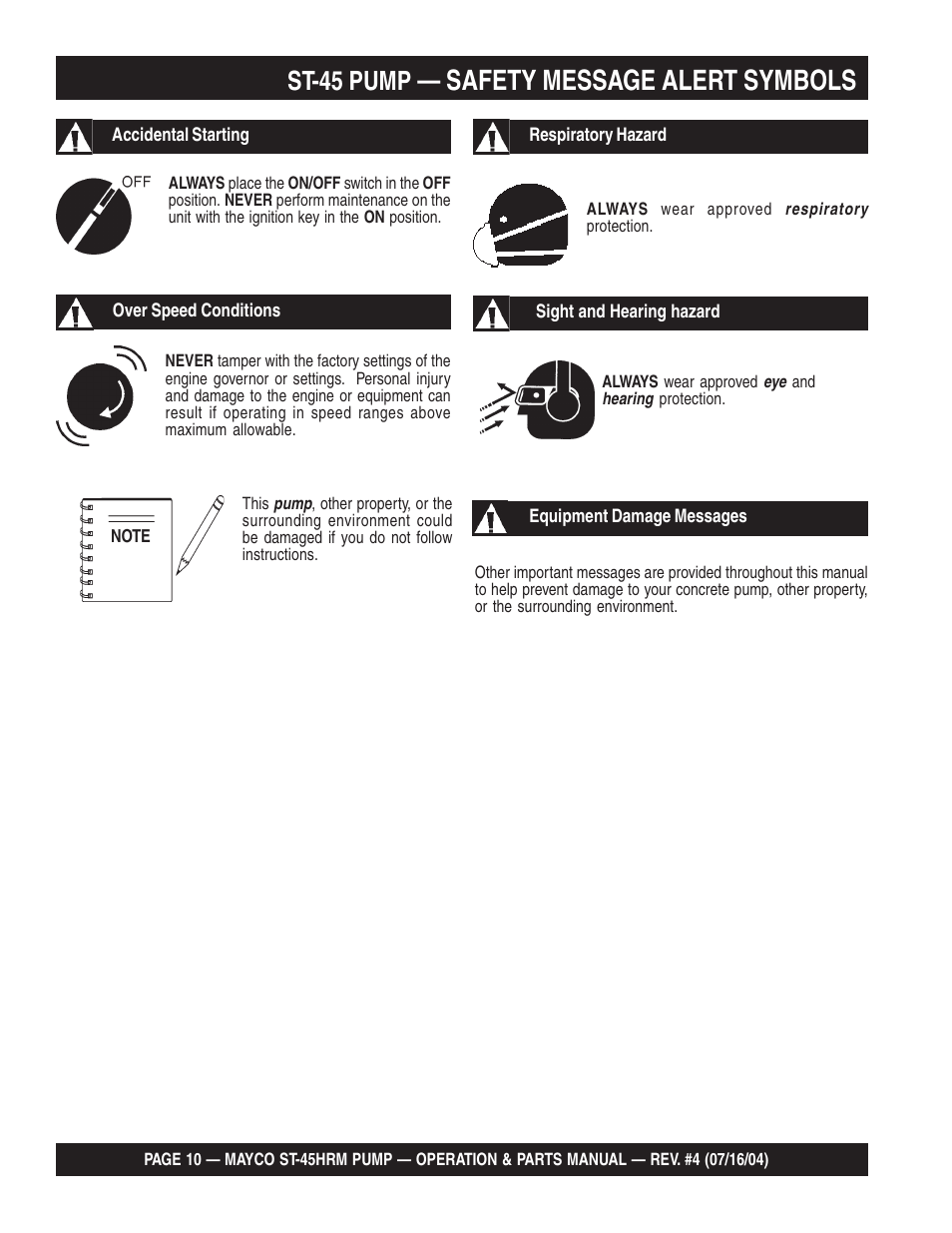 Safety message alert symbols, St-45 pump | Multiquip SCRUCTURAL CONCRETE PUMP ST-45HRM User Manual | Page 10 / 132