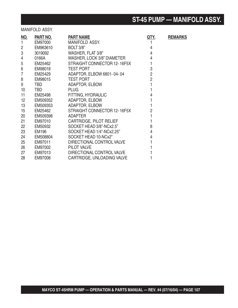 St-45 pump — manifold assy | Multiquip SCRUCTURAL CONCRETE PUMP ST-45HRM User Manual | Page 107 / 132