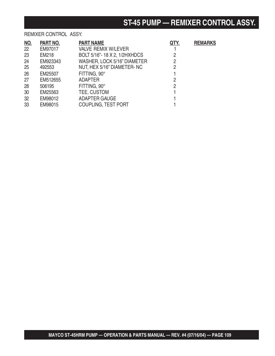 St-45 pump — remixer control assy | Multiquip SCRUCTURAL CONCRETE PUMP ST-45HRM User Manual | Page 109 / 132