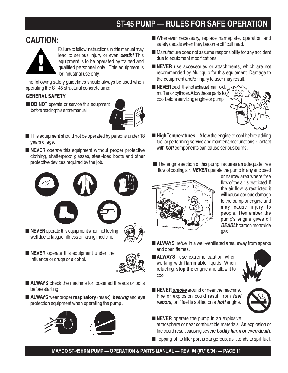 Caution, St-45 pump — rules for safe operation | Multiquip SCRUCTURAL CONCRETE PUMP ST-45HRM User Manual | Page 11 / 132