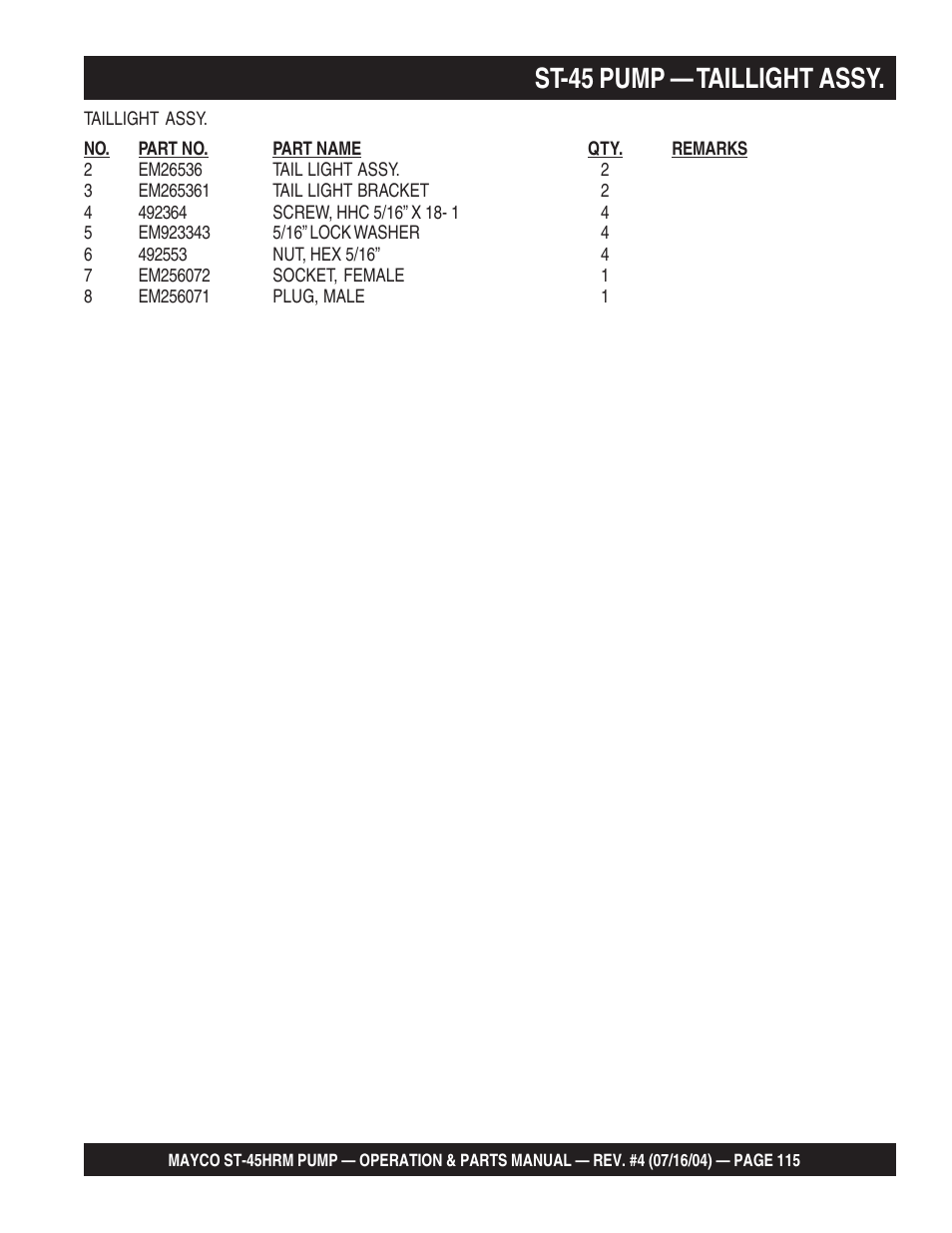 St-45 pump — taillight assy | Multiquip SCRUCTURAL CONCRETE PUMP ST-45HRM User Manual | Page 115 / 132