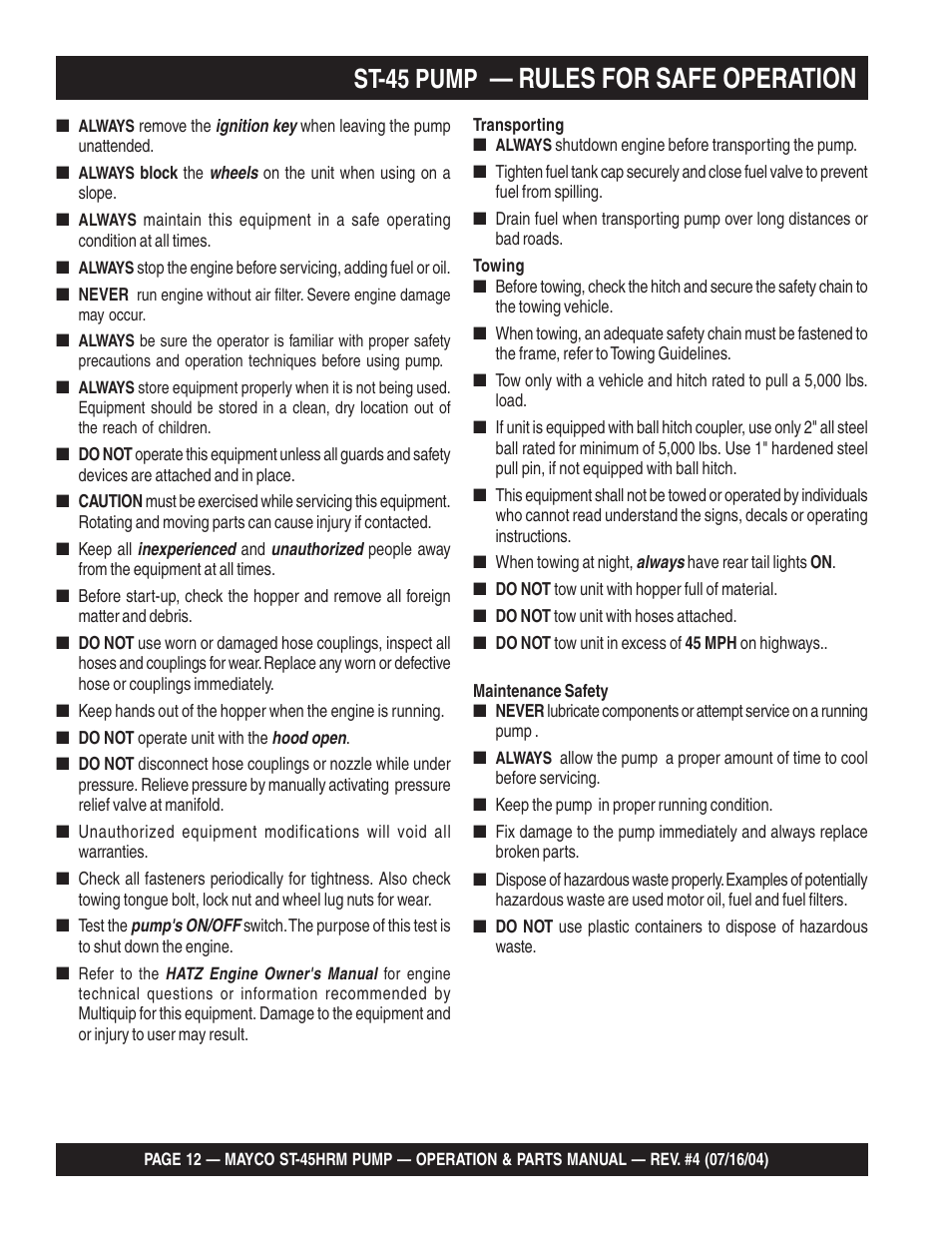 Rules for safe operation, St-45 pump | Multiquip SCRUCTURAL CONCRETE PUMP ST-45HRM User Manual | Page 12 / 132