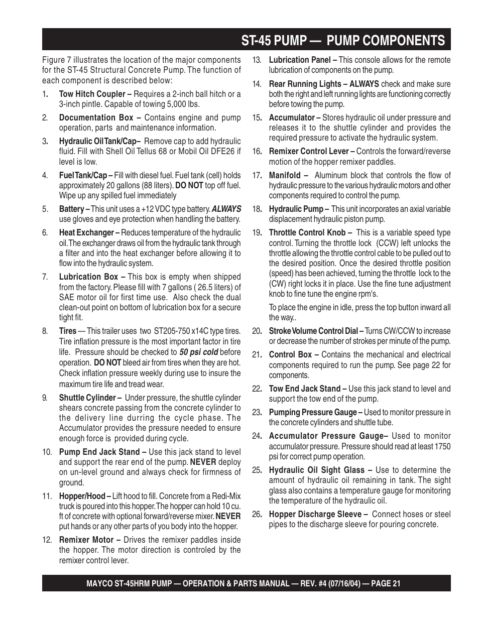 St-45 pump — pump components | Multiquip SCRUCTURAL CONCRETE PUMP ST-45HRM User Manual | Page 21 / 132