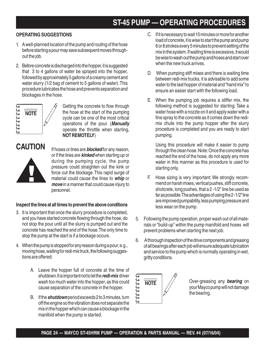 St-45 pump — operating procedures, Caution | Multiquip SCRUCTURAL CONCRETE PUMP ST-45HRM User Manual | Page 24 / 132