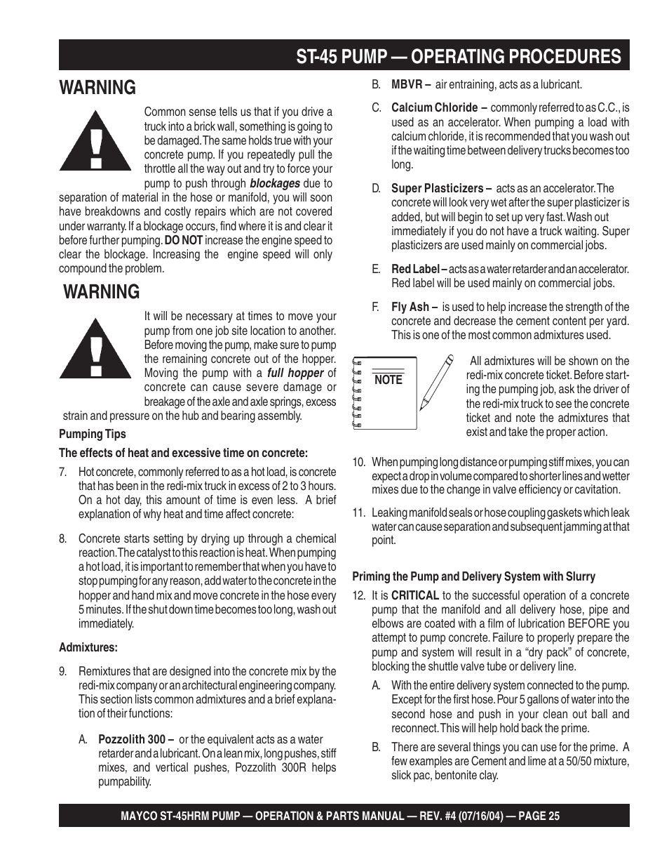 St-45 pump — operating procedures warning, Warning | Multiquip SCRUCTURAL CONCRETE PUMP ST-45HRM User Manual | Page 25 / 132