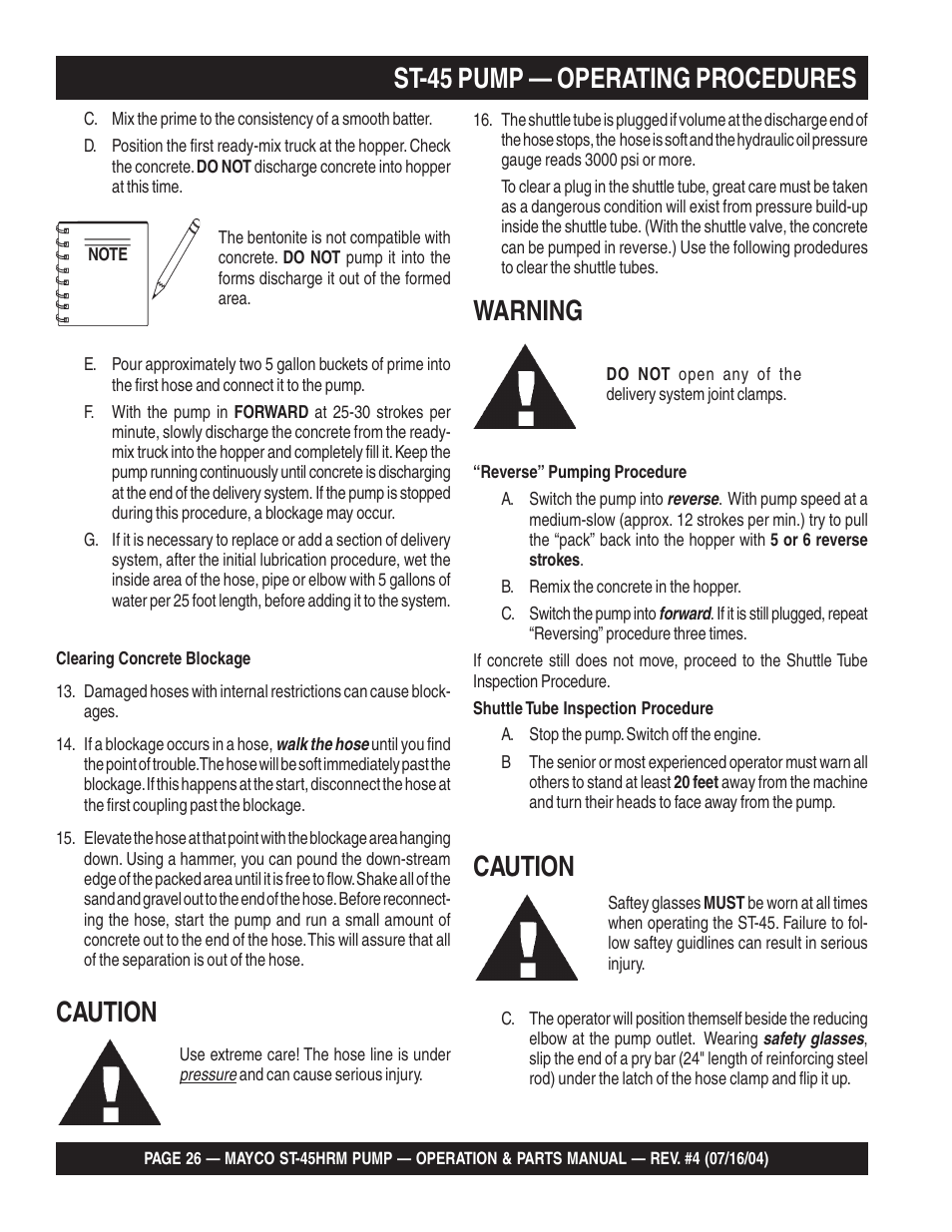 St-45 pump — operating procedures warning, Caution | Multiquip SCRUCTURAL CONCRETE PUMP ST-45HRM User Manual | Page 26 / 132