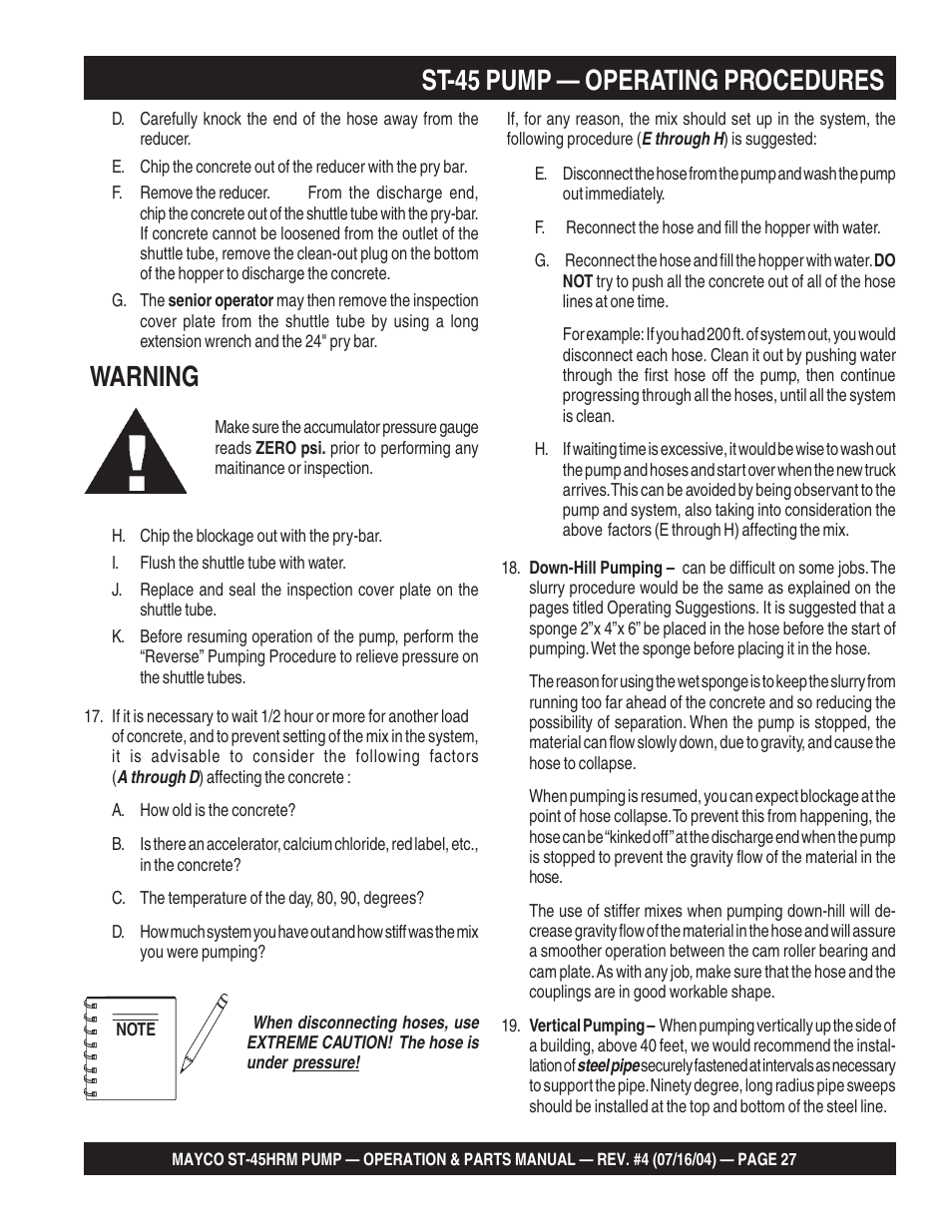 St-45 pump — operating procedures, Warning | Multiquip SCRUCTURAL CONCRETE PUMP ST-45HRM User Manual | Page 27 / 132