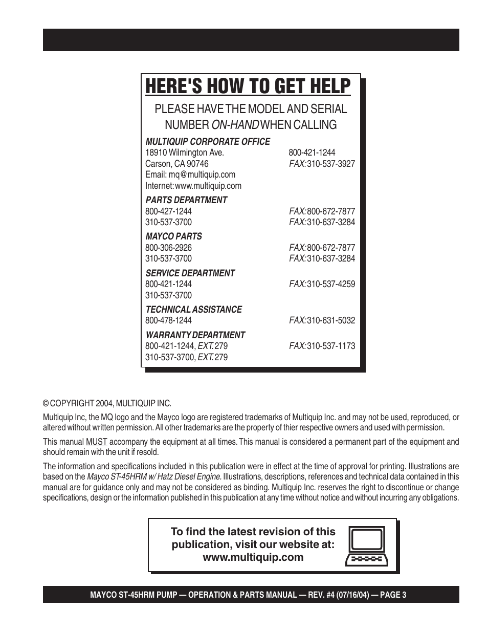 Here's how to get help, On-hand, Please have the model and serial number | When calling | Multiquip SCRUCTURAL CONCRETE PUMP ST-45HRM User Manual | Page 3 / 132