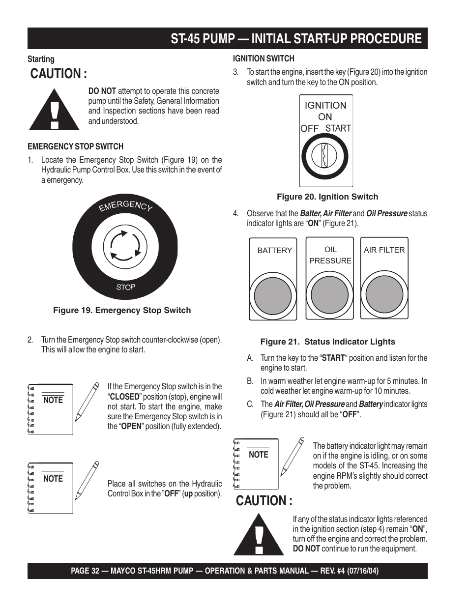 St-45 pump — initial start-up procedure, Caution | Multiquip SCRUCTURAL CONCRETE PUMP ST-45HRM User Manual | Page 32 / 132