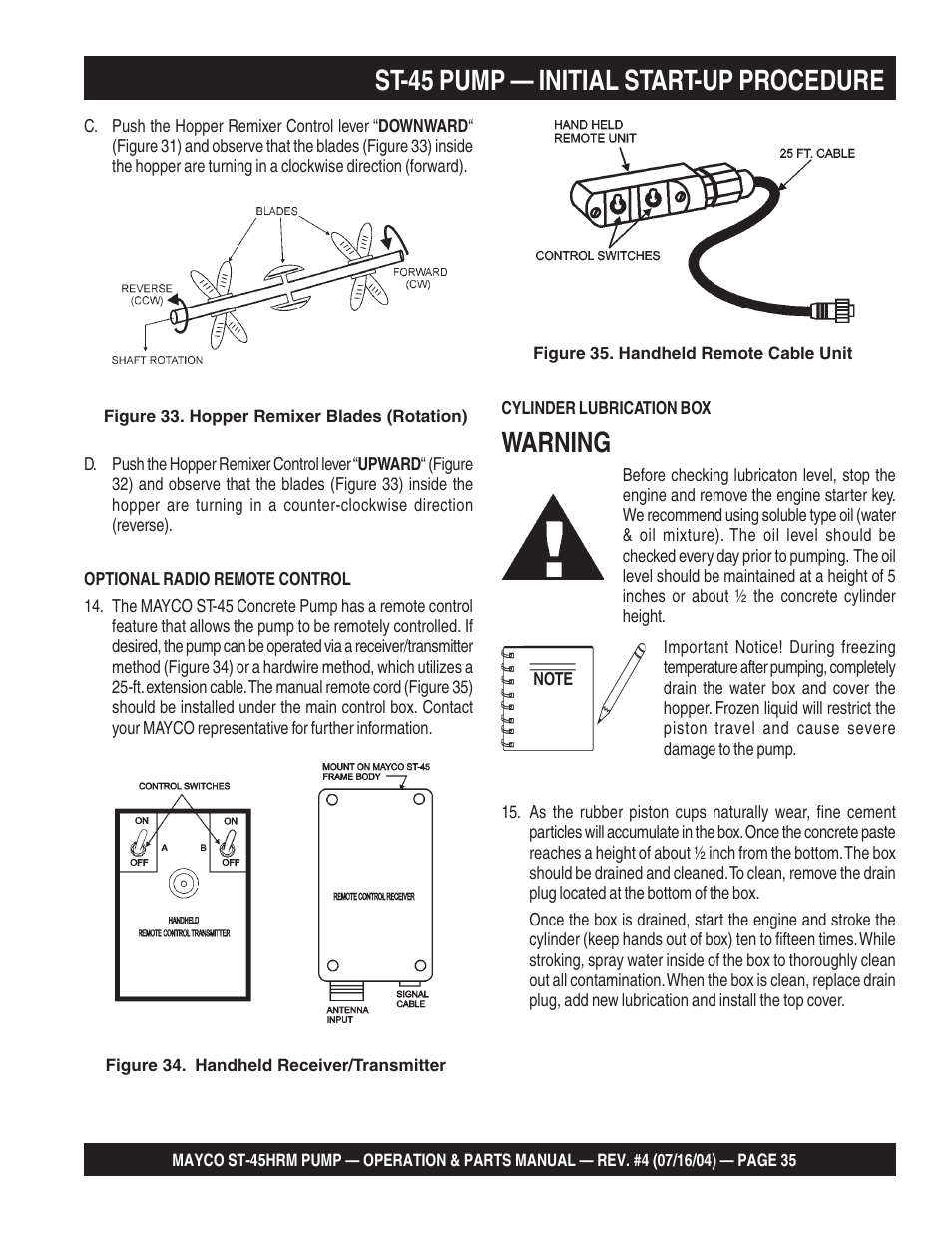 St-45 pump — initial start-up procedure, Warning | Multiquip SCRUCTURAL CONCRETE PUMP ST-45HRM User Manual | Page 35 / 132