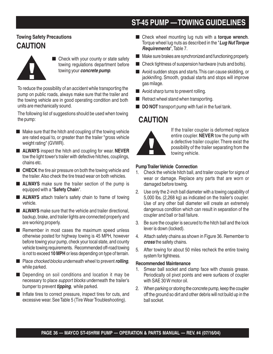 St-45 pump — towing guidelines, Caution | Multiquip SCRUCTURAL CONCRETE PUMP ST-45HRM User Manual | Page 36 / 132