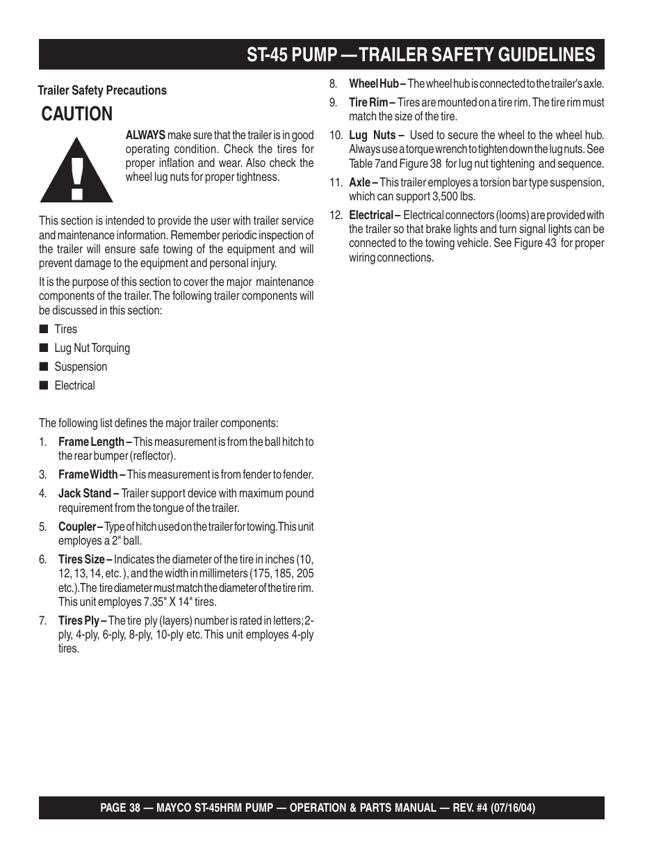 St-45 pump — trailer safety guidelines, Caution | Multiquip SCRUCTURAL CONCRETE PUMP ST-45HRM User Manual | Page 38 / 132