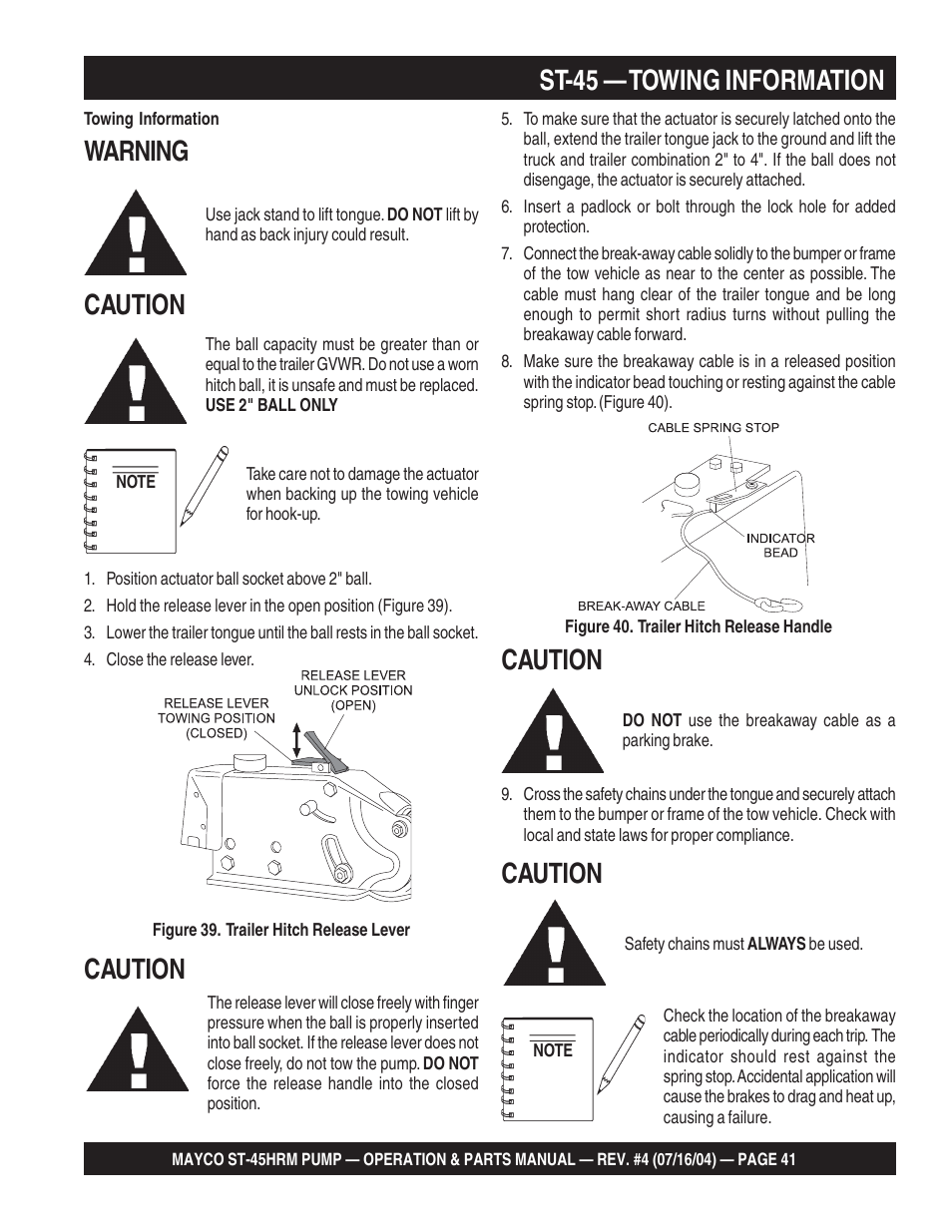 St-45 — towing information, Caution, Warning | Multiquip SCRUCTURAL CONCRETE PUMP ST-45HRM User Manual | Page 41 / 132