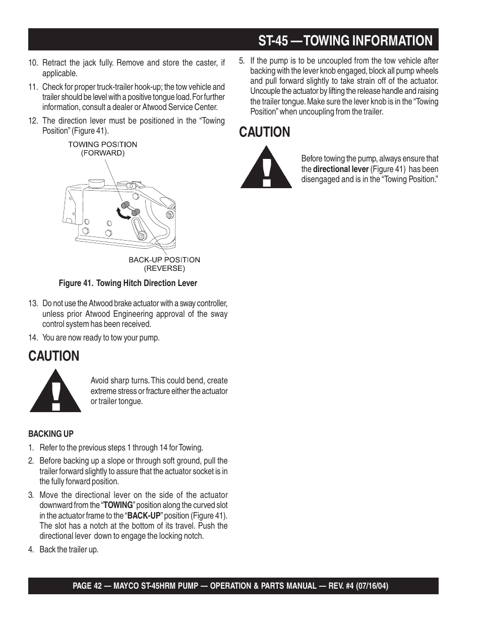 St-45 — towing information, Caution | Multiquip SCRUCTURAL CONCRETE PUMP ST-45HRM User Manual | Page 42 / 132