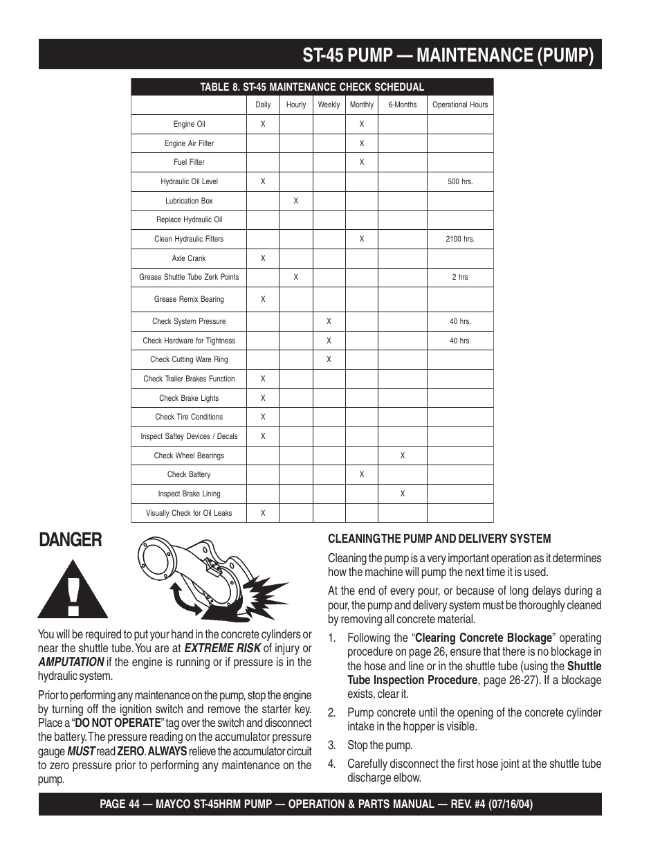 St-45 pump — maintenance (pump), Danger, Extreme risk | Amputation, Must, Of injury or | Multiquip SCRUCTURAL CONCRETE PUMP ST-45HRM User Manual | Page 44 / 132