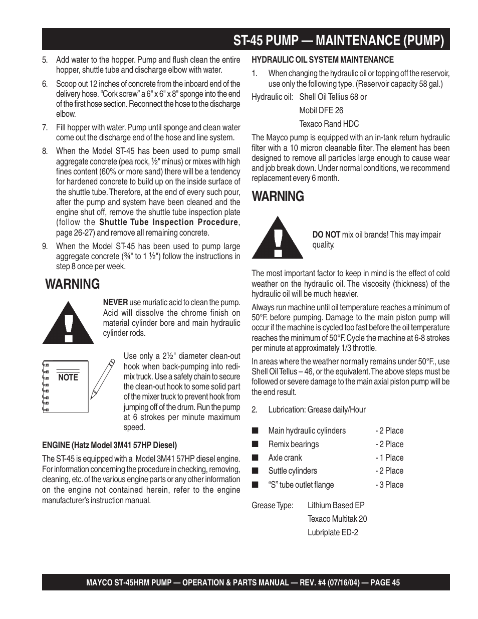 St-45 pump — maintenance (pump), Warning | Multiquip SCRUCTURAL CONCRETE PUMP ST-45HRM User Manual | Page 45 / 132