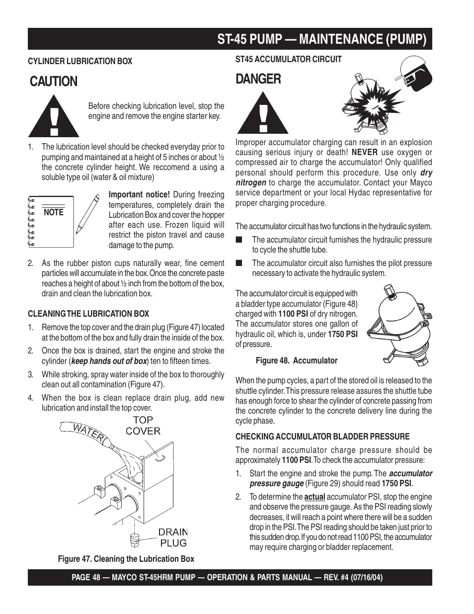 St-45 pump — maintenance (pump), Caution, Danger | Multiquip SCRUCTURAL CONCRETE PUMP ST-45HRM User Manual | Page 48 / 132