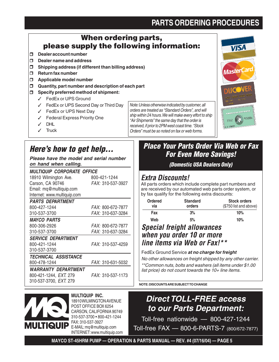 Direct toll-free access to our parts department, Here’s how to get help, Parts ordering procedures | Extra discounts | Multiquip SCRUCTURAL CONCRETE PUMP ST-45HRM User Manual | Page 5 / 132