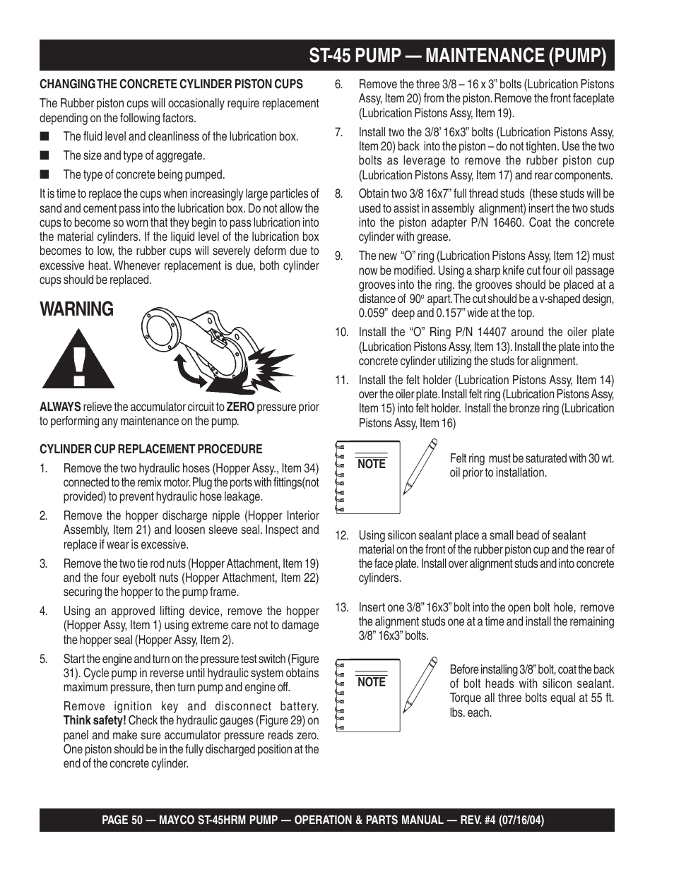 St-45 pump — maintenance (pump), Warning | Multiquip SCRUCTURAL CONCRETE PUMP ST-45HRM User Manual | Page 50 / 132