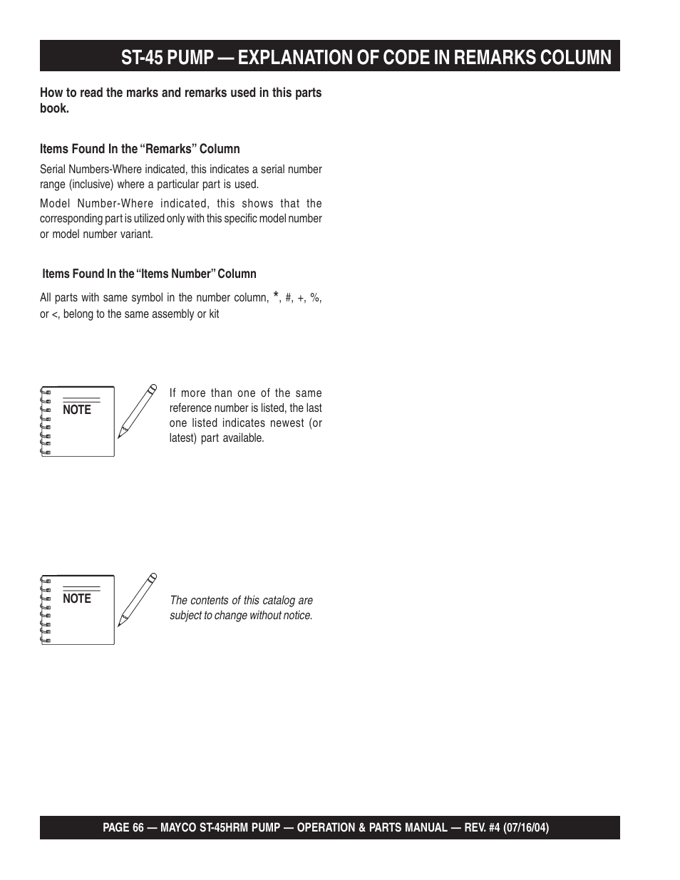 St-45 pump — explanation of code in remarks column | Multiquip SCRUCTURAL CONCRETE PUMP ST-45HRM User Manual | Page 66 / 132