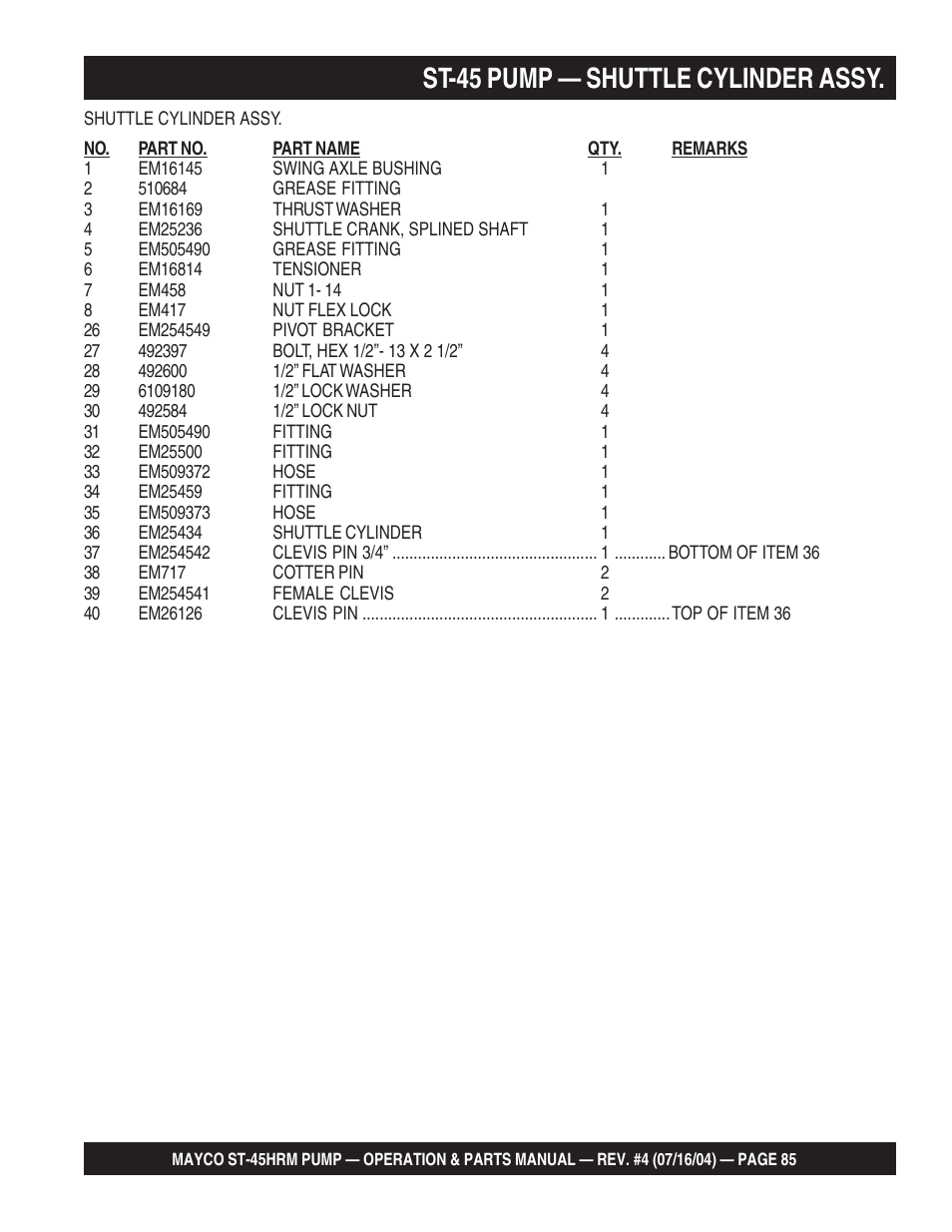 St-45 pump — shuttle cylinder assy | Multiquip SCRUCTURAL CONCRETE PUMP ST-45HRM User Manual | Page 85 / 132